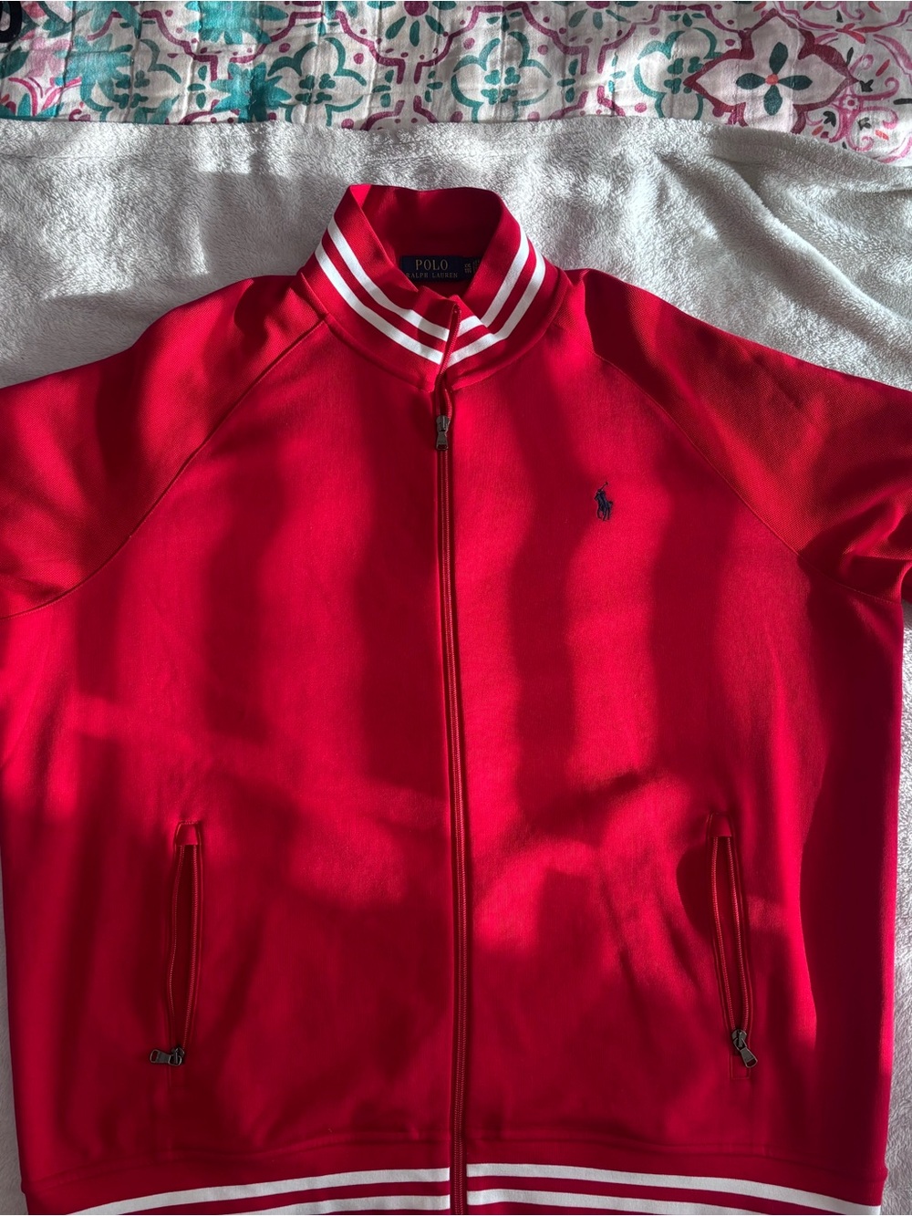 Polo Ralph Lauren Mens XXL Red Track Jacket Striped Collar Full Zip Pony Logo
